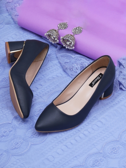 

Sherrif Shoes Navy Blue Party Block Pumps with Bows