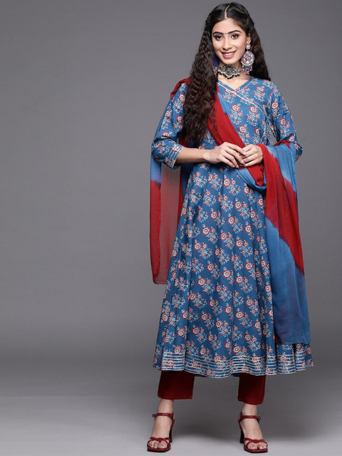 

Varanga Women Blue Floral Gotta Patti Kurta with Churidar & With Dupatta