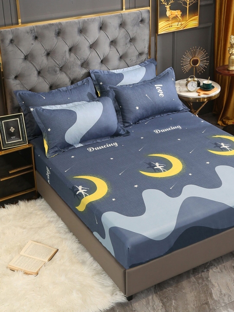 

JC Collection Blue & Yellow Graphic 144 TC King Bedsheet with 2 Pillow Covers