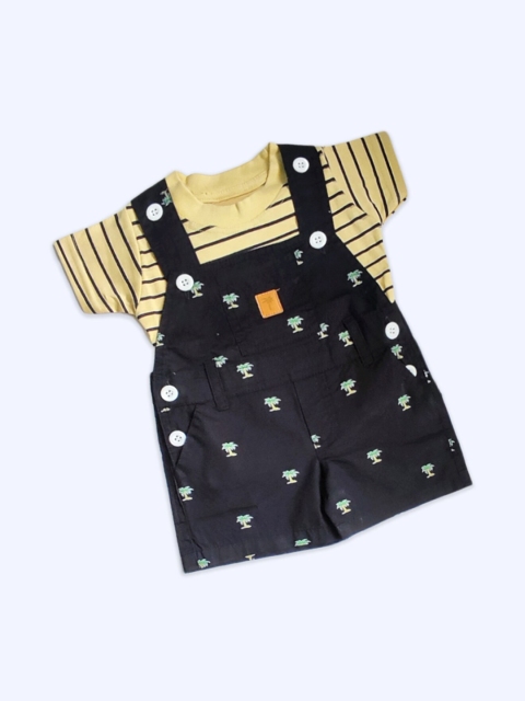 

Born Babies Infants Navy-Blue & Yellow Printed Cotton Dungaree