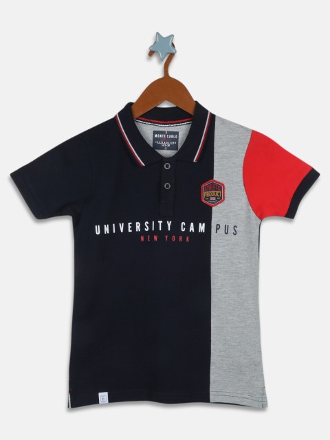 Monte Carlo Boys Navy Blue & Grey Typography Colourblocked Polo Collar T-shirt