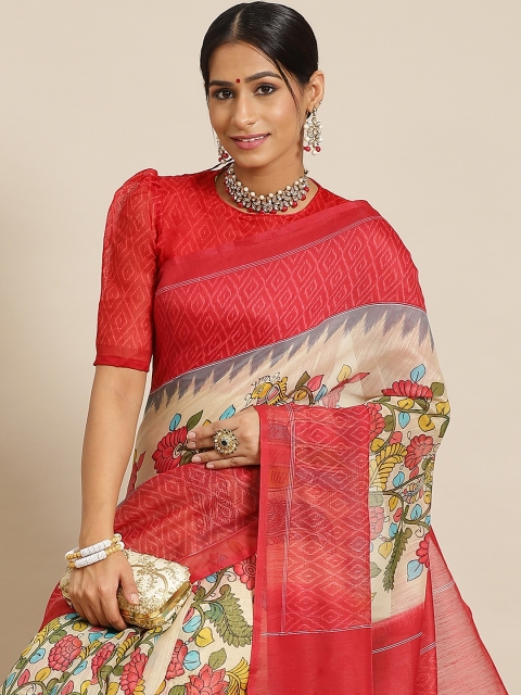 

Satrani Beige & Red Kalamkari Poly Cotton Saree