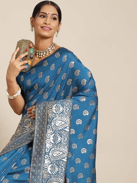 

Satrani Teal Blue & Golden Paisley Poly Silk Saree