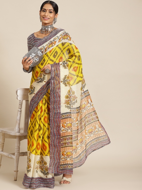 

Satrani Yellow & Off White Ethnic Motifs Poly Cotton Saree
