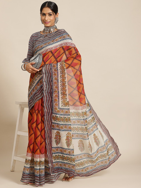 

Satrani Orange & Pink Ethnic Motifs Poly Cotton Saree
