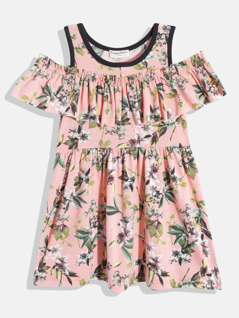 

CrayonFlakes Girls Peach-Coloured & Green Floral Printed A-Line Dress