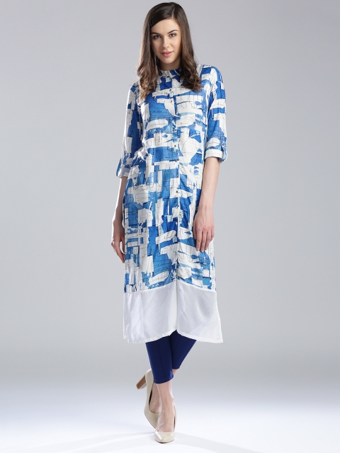 

W Women Blue & White Printed Straight Kurta