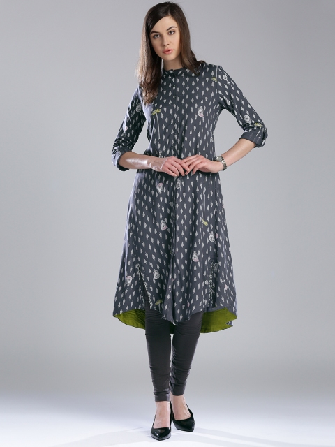 

W Women Grey Printed Asymmetric Hemline A-Line Kurta