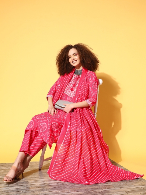 

ZOLA Women Pink Bandhani Printed Sequinned Pure Cotton Kurta with Trousers & With Dupatta
