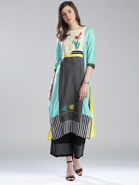 

W Women Blue Printed Straight Kurta