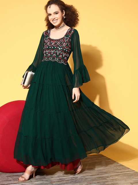 

ZOLA Women Green Ethnic Motifs Embroidered Tiered Georgette Anarkali Kurta