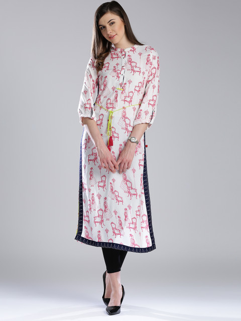 

W Women White & Pink Quirky Printed Straight Sustainable Kurta