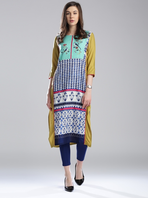 

W Women Olive Green & Blue Printed Straight Kurta