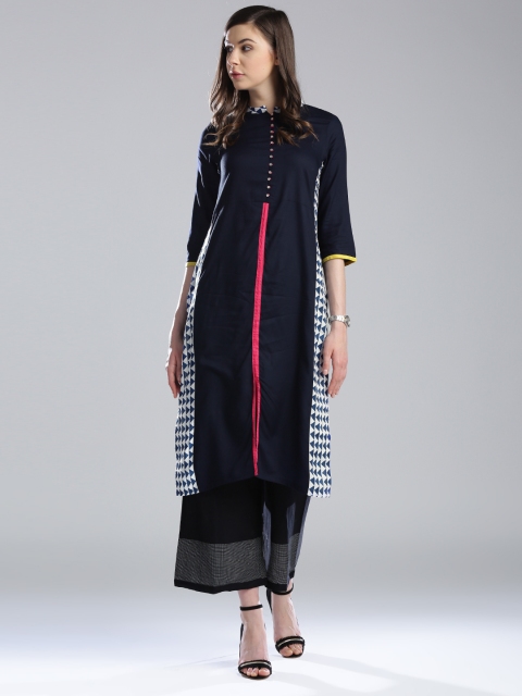 

W Women Navy Blue Solid Straight Kurta
