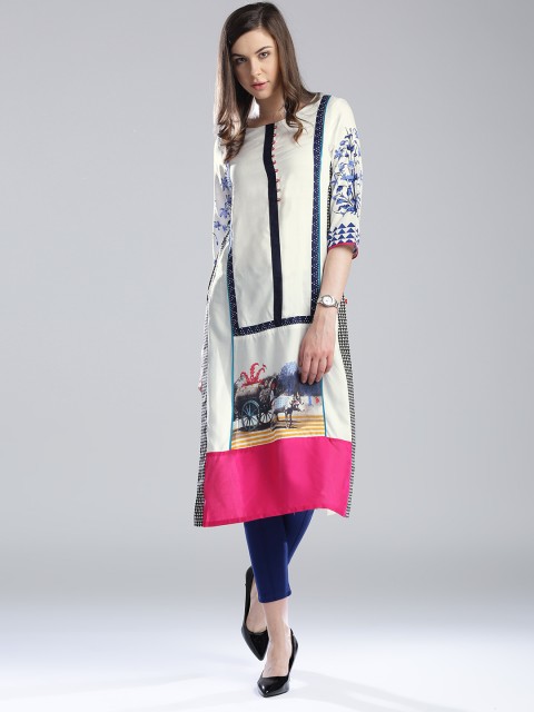 

W Women White Printed Straight Kurta