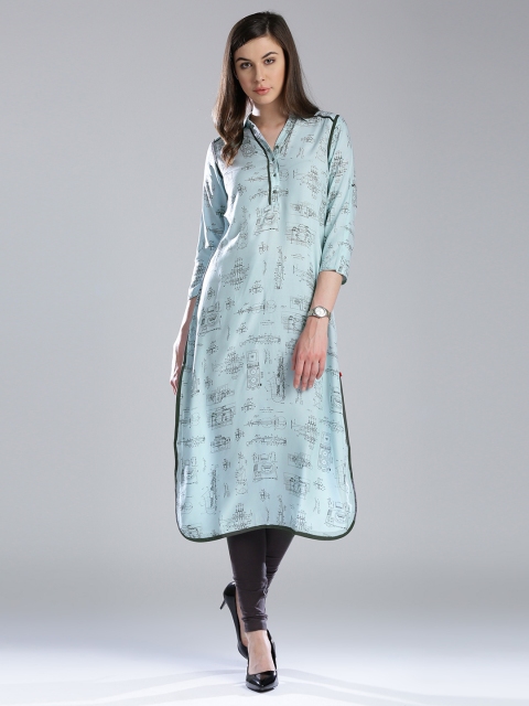 

W Women Blue Quirky Printed Pathani Kurta
