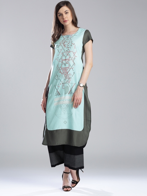 

W Women Blue Printed Straight Kurta