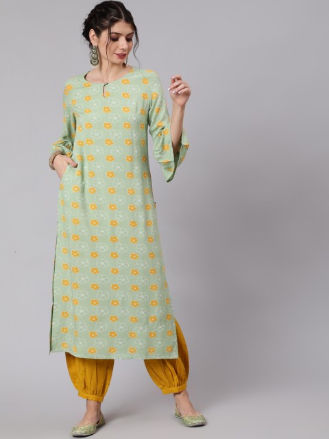 

Awadhi Women Green & Yellow Floral Printed Bell Sleeves Kurta