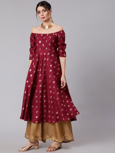 

Awadhi Women Maroon & Golden Ethnic Motifs Printed Off-Shoulder Kurta
