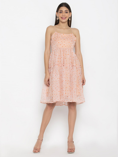 

SEW YOU SOON Peach-Coloured Floral Layered Georgette A-Line Dress