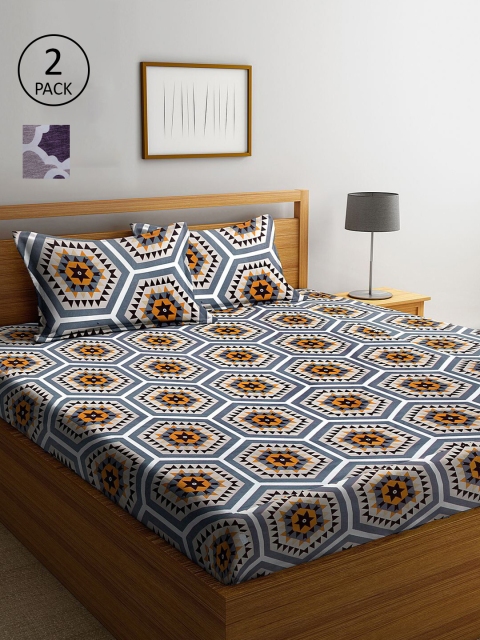 

KLOTTHE Grey & Violet Floral 210 TC Set Of 2 King Bedsheet with 4 Pillow Covers
