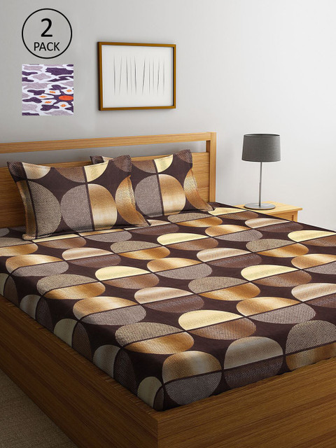 

KLOTTHE Brown & Violet Geometric 210 TC Set Of 2 King Bedsheet with 4 Pillow Covers