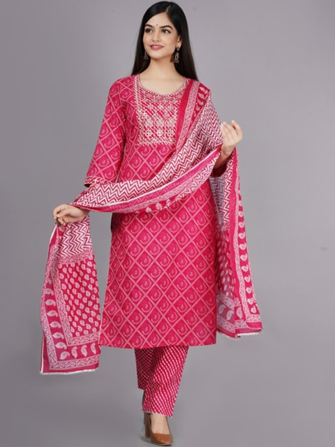 

NITVAN Women Pink Ethnic Motifs Printed Thread Work Pure Cotton Kurta Set