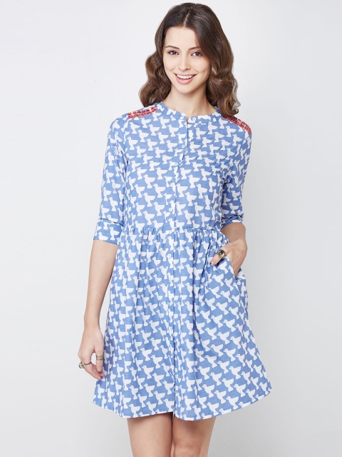 

Global Desi Women Blue & White Printed Shirt Dress