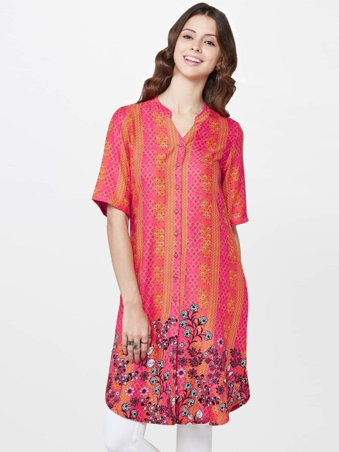 Global Desi Women Pink & Orange Printed Straight Kurta available at myntra for Rs.719