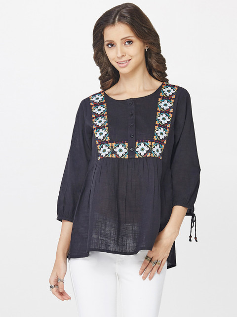 

Global Desi Women Black Regular Pure Cotton Top