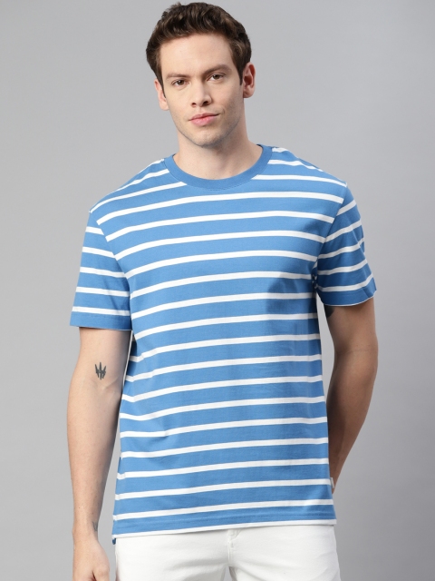

Marks & Spencer Men Blue & White Striped Pure Cotton T-shirt