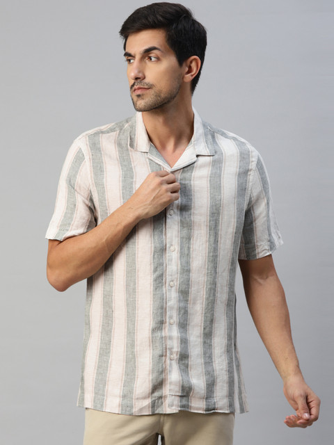 

Marks & Spencer Men Off-White & Green Pure Linen Striped Casual Shirt