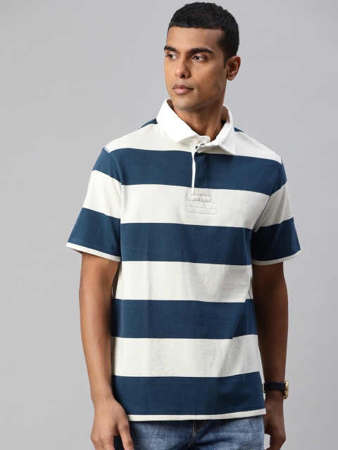 

Marks & Spencer Men Teal Blue & White Striped Polo Collar Pure Cotton T-shirt