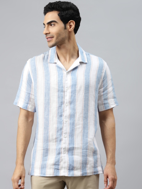 

Marks & Spencer Men Blue & White Linen Striped Casual Shirt