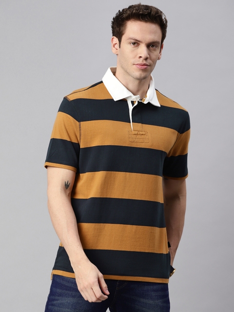 

Marks & Spencer Men Mustard Brown & Navy Blue Striped Polo Collar Pure Cotton T-shirt