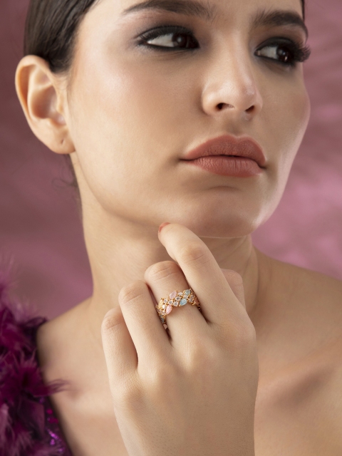 

Rubans Gold-Plated Pink & Blue Stone Studded Adjustable Finger Ring
