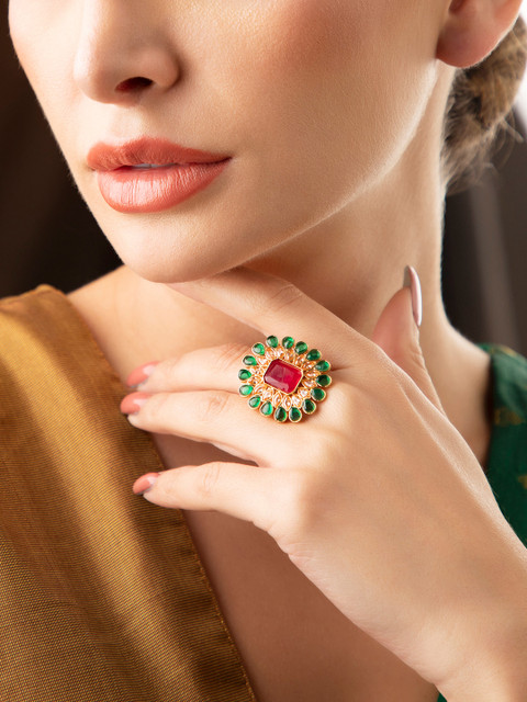 

Rubans 22K Gold-Plated Red & Green Kundan & Stone Studded Adjustable Finger Ring