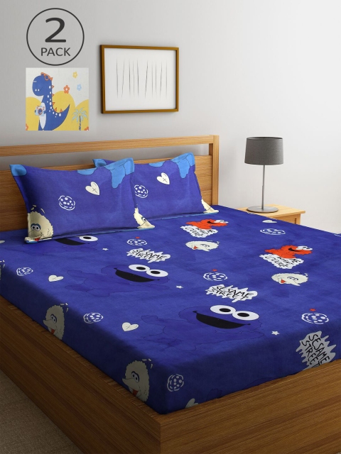 

KLOTTHE Blue & White Cartoon Characters 210 TC 2 King Bedsheet with 4 Pillow Covers