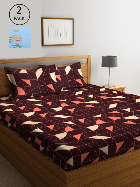 

KLOTTHE Blue & Brown Geometric 210 TC 2 King Bedsheets with 4 Pillow Covers