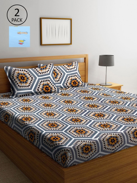 

KLOTTHE Blue & Brown Geometric 210 TC Set Of 2 King Bedsheet with 4 Pillow Covers