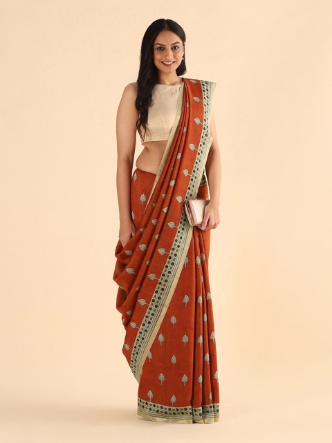 

Taneira Rust & Cream-Coloured Ethnic Motifs Printed Zari Pure Silk Tussar Saree