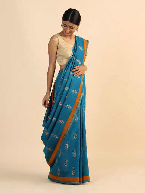 

Taneira Blue & Orange Floral Printed Zari Pure Silk Tussar Saree