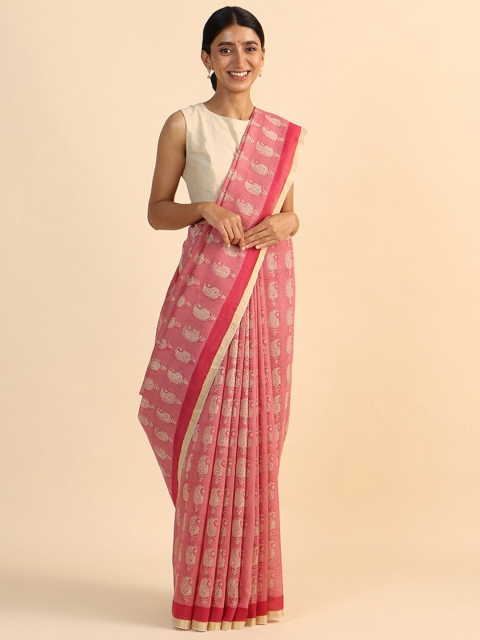 

Taneira Pink & Beige Paisley Pure Silk Tussar Saree