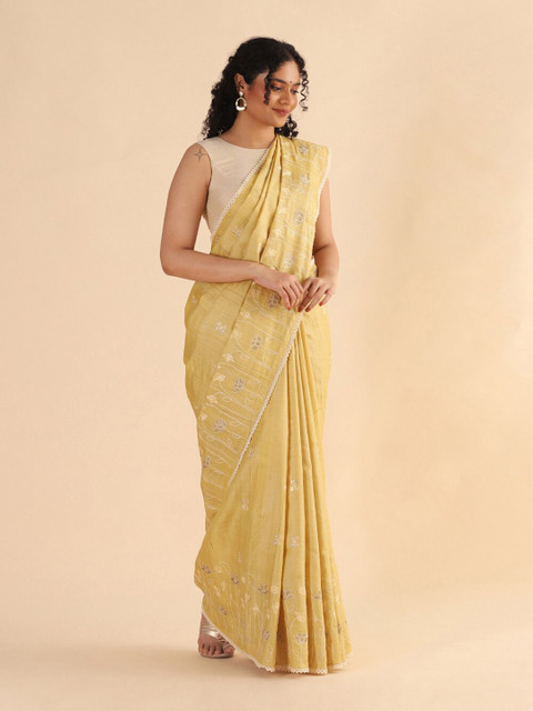 

Taneira Yellow & Beige Floral Zari Pure Silk Tussar Saree