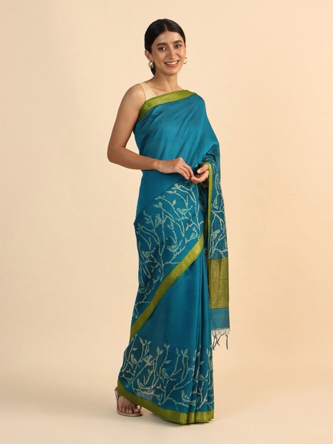 

Taneira Teal & Olive Green Embroidered Pure Silk Tussar Saree