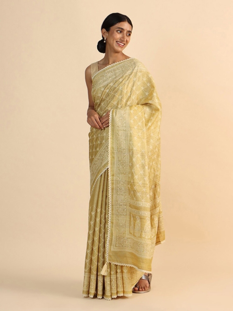 

Taneira Yellow & White Ethnic Motifs Embroidered Pure Silk Tussar Saree
