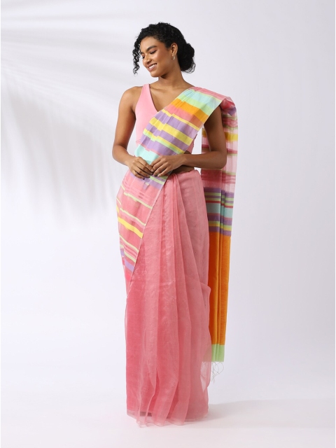 

Taneira Pink & Orange Striped Organza Saree