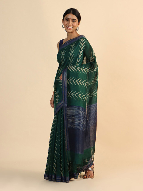 

Taneira Green & Blue Floral Printed Zari Pure Silk Tussar Saree
