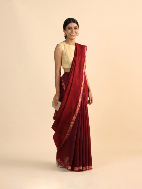 

Taneira Maroon & Gold-Toned Zari Pure Silk Vanya Bengal Saree