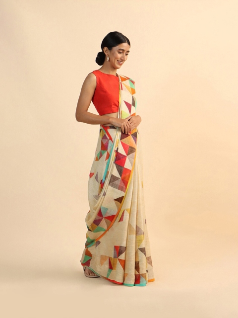 

Taneira Beige & Red Printed Pure Linen Saree